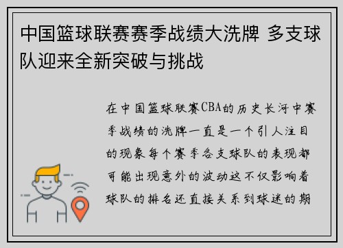 中国篮球联赛赛季战绩大洗牌 多支球队迎来全新突破与挑战