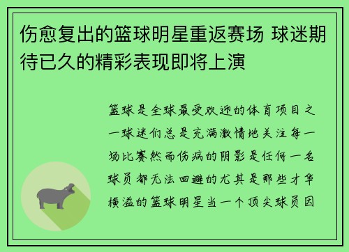伤愈复出的篮球明星重返赛场 球迷期待已久的精彩表现即将上演