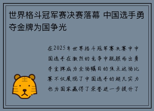 世界格斗冠军赛决赛落幕 中国选手勇夺金牌为国争光